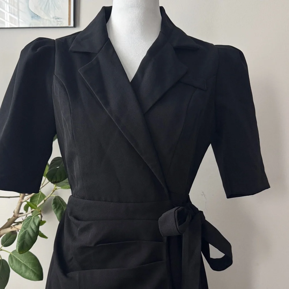 Vogue Black Short-Sleeve Wrap Mini Dress with Tie Waist - Picture 2 of 6